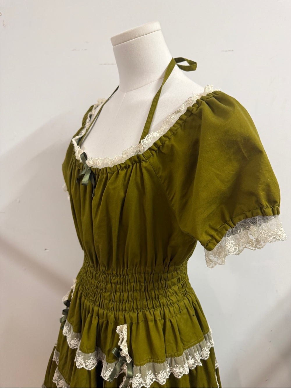 Innocent World M/L Olive Green Lace-Trim Tiered Tulle Dress Cottagecore Coquette - Picture 5 of 10